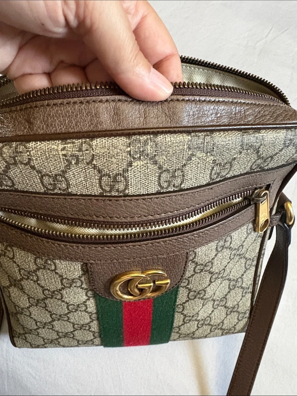 Gucci Beige GG Supreme crossbody with Green-Red Web and Brown Trim